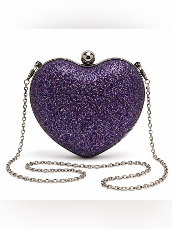 Handbags - Purple Glitter Heart Clutch Crossbody Evening Bag Silver Chain Sparkly